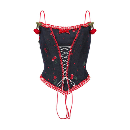 Cherry Lace Embroidered Denim Dress Set-Up