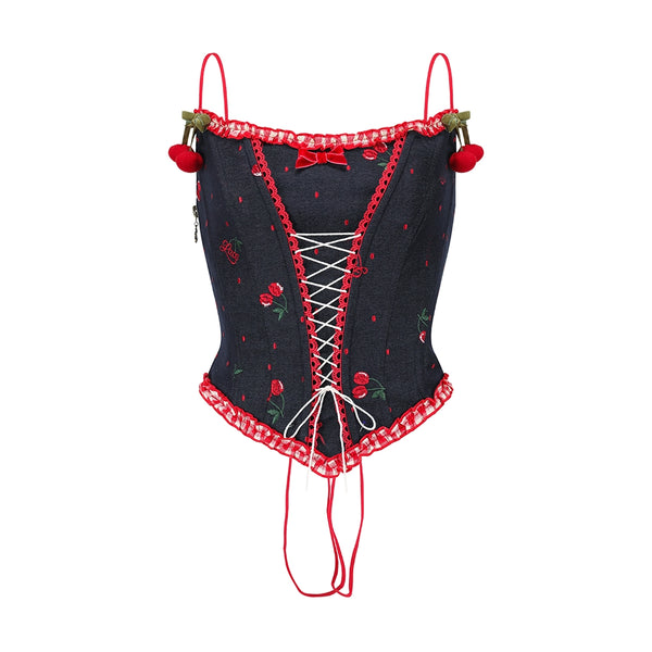 Cherry Lace Embroidered Denim Dress Set-Up