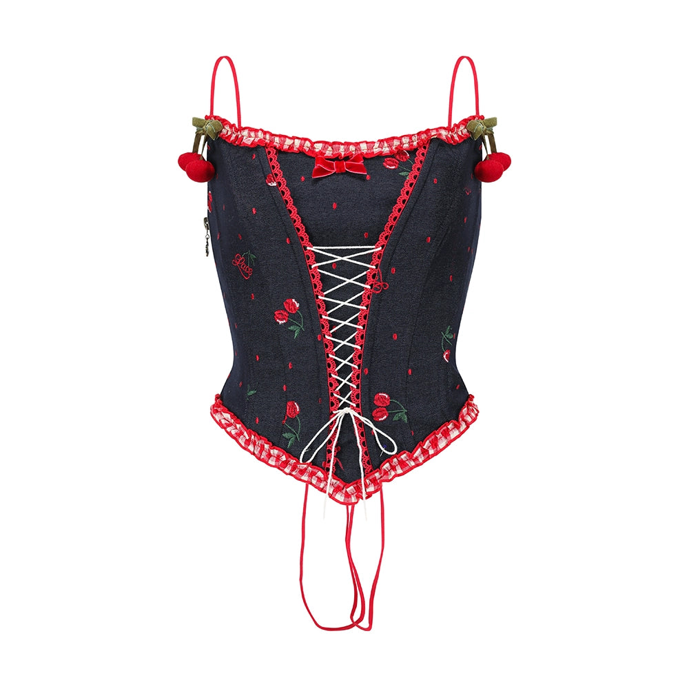 Cherry Embroidery Denim Skirt Set-Up