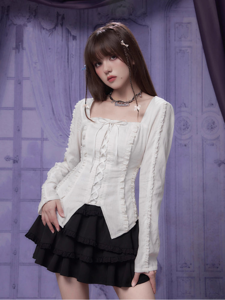 Slim waist frill shirt