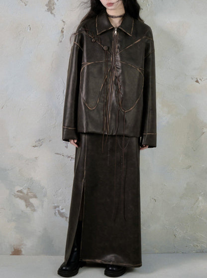 vintage butterfly leather coat and skirt set