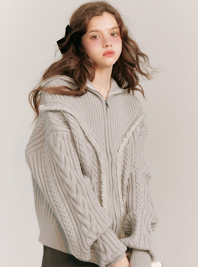 Knitted Lapel Zipper Cardigan Coat