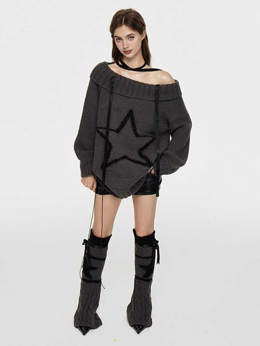 One-shoulder wool sweater and leg warmers