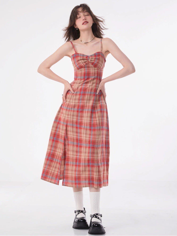 Retro plaid suspender dress