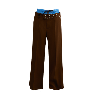 Blue and Brown Contrast Belt Decorative Pants