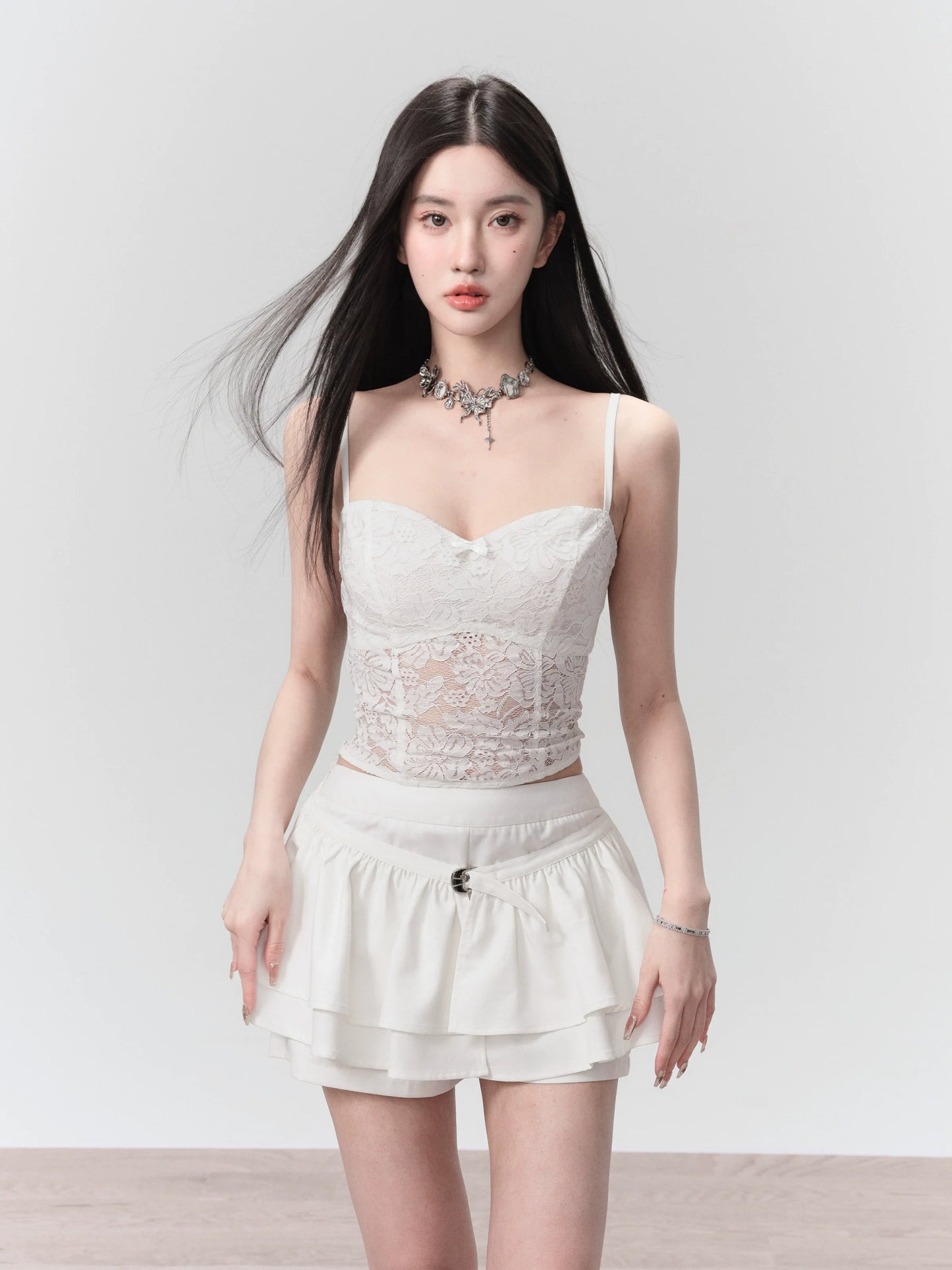 Suspender Embroidered Shirt Three-piece Set-up