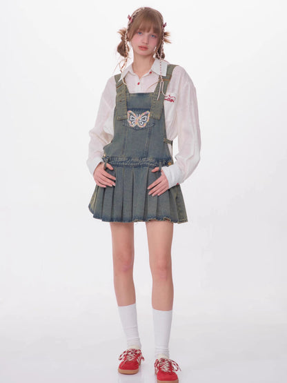 Denim suspender skirt