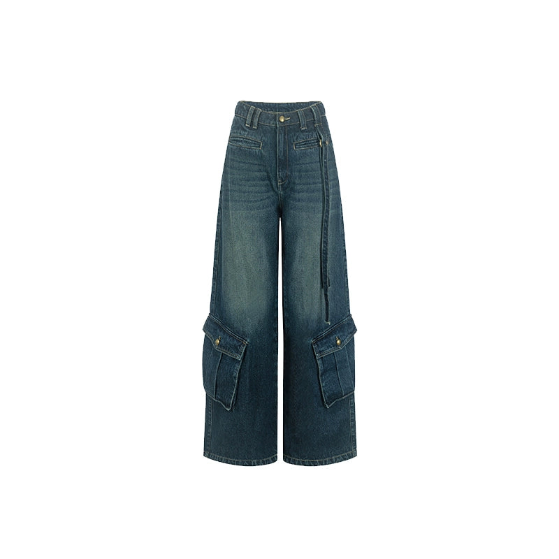 Heavy-Washed Wide-Leg Cargo Jeans