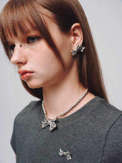 Retro silver ribbon earrings + necklace + pendant