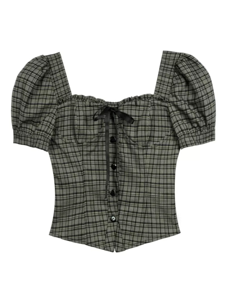 Puff sleeve plaid short sleeve shirt