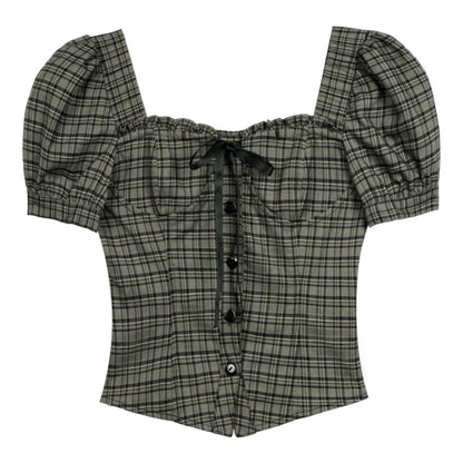 Square Collar Bubble Sleeve Plaid Shirt