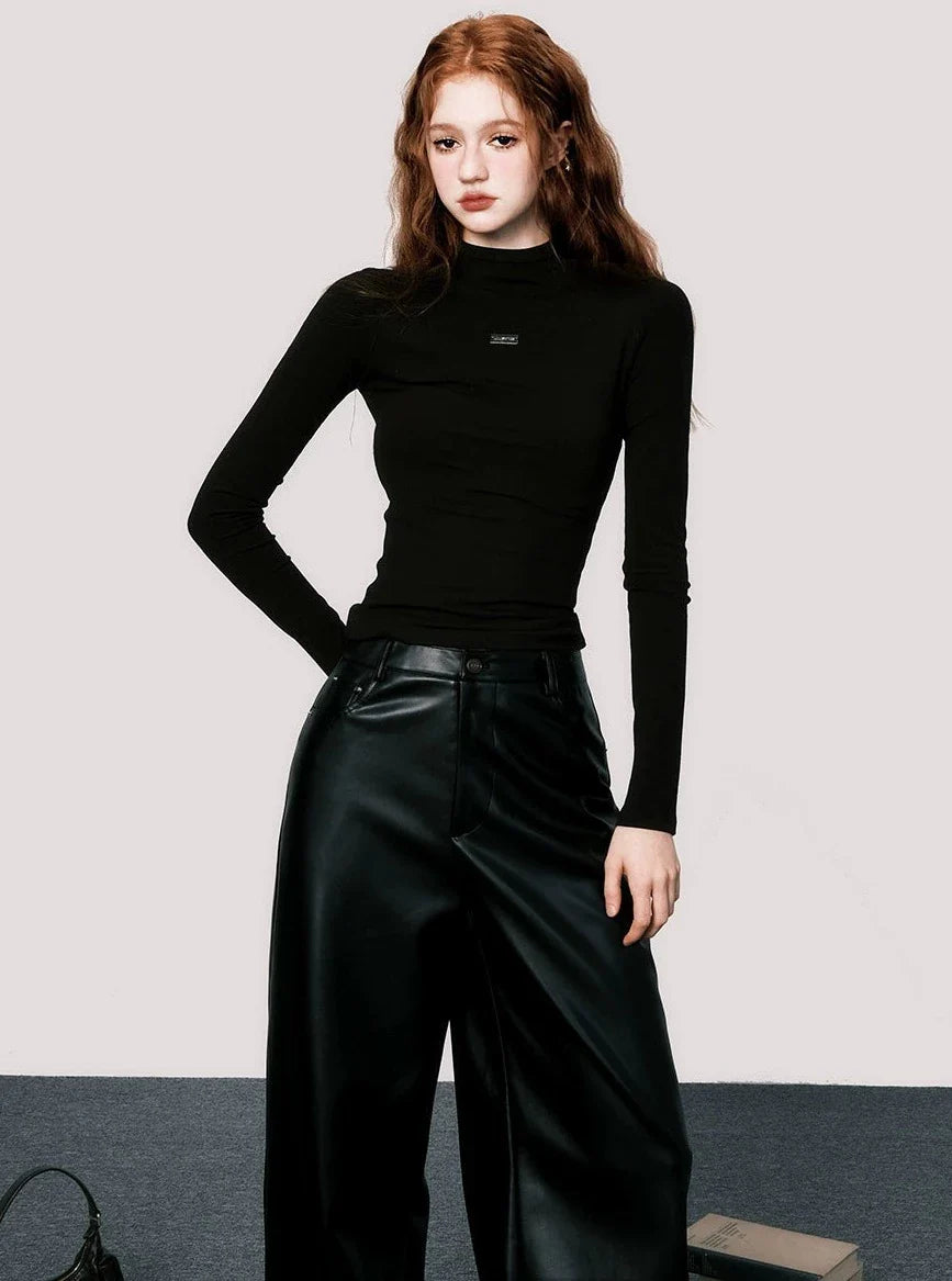 High waist wide leather pants