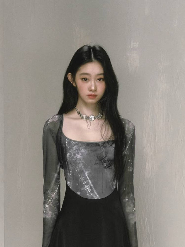 Printed suspender slim skirt