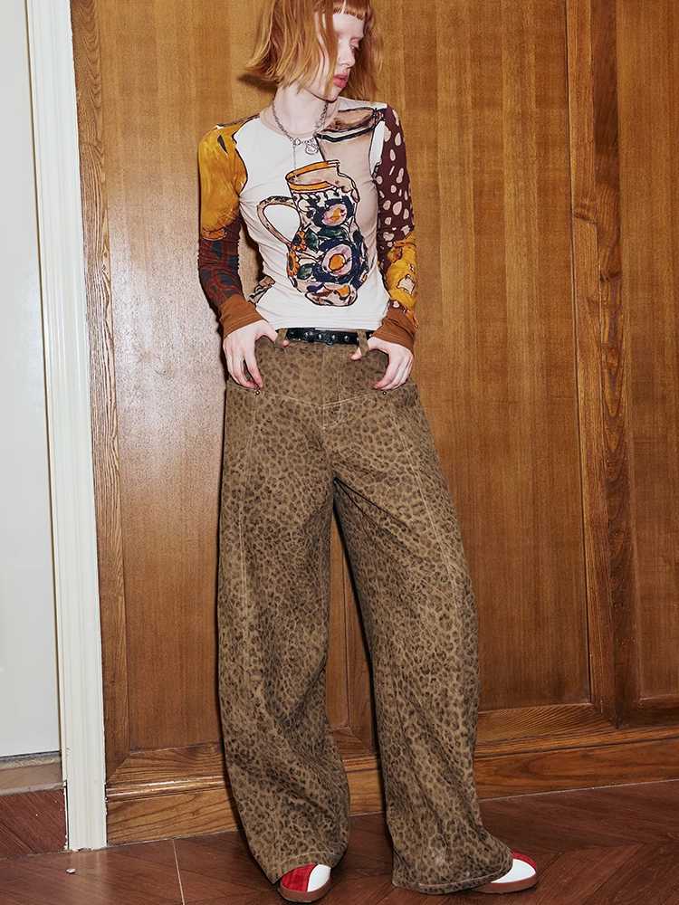 Leopard print straight wide leg pants