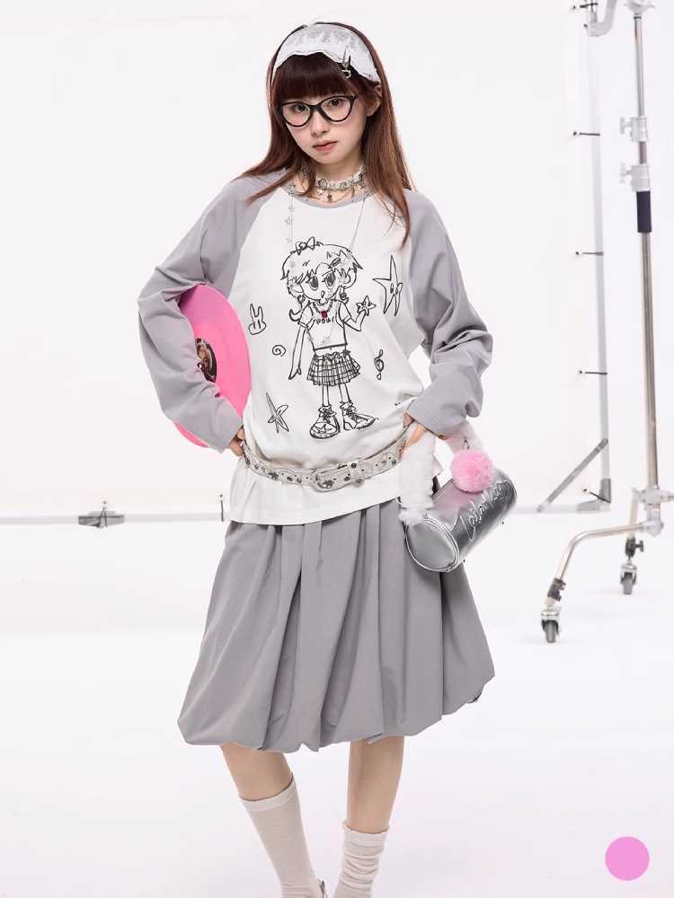 Hand-drawn girly print long-sleeved T-shirt