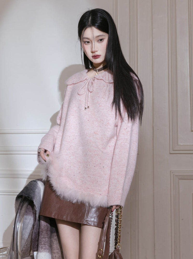 Fur edge lotus neck sweater