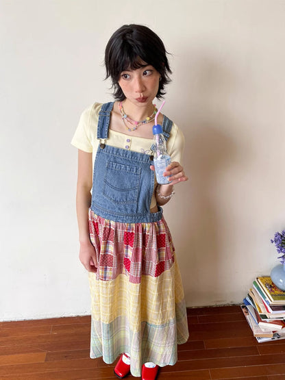 Denim patchwork suspender dress