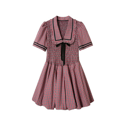 Plaid V-neck Bow Bubble A-Line Bud Dress