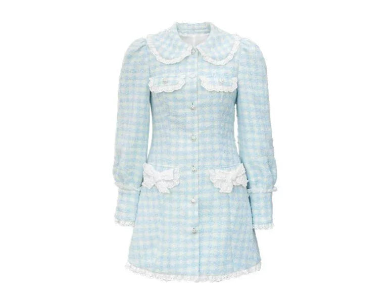 Doll collar lace bow puff sleeve dress