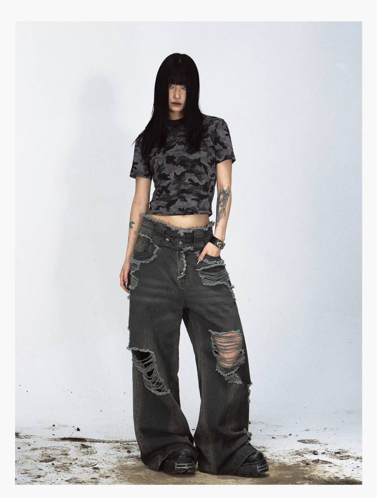 Distressed loose wide leg pants