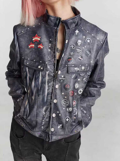 Retro distressed punk leather jacket