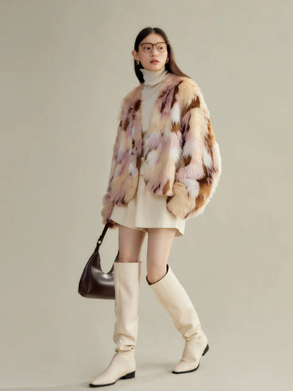 blond loose cropped fur coat