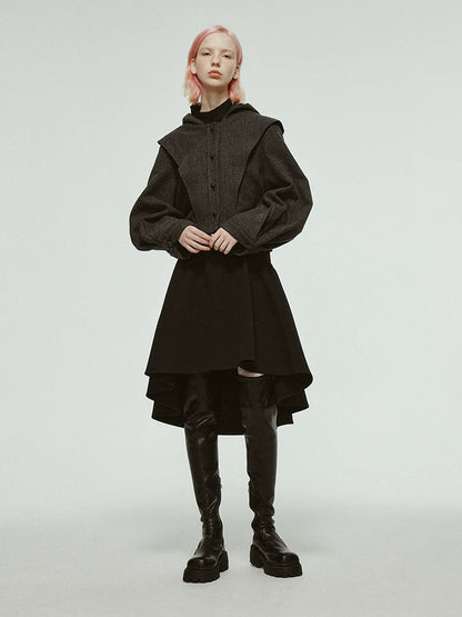 Hooded Cropped Pleated Balloon Sleeve Jacket