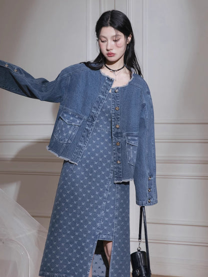 Denim jacket + suspenders skirt