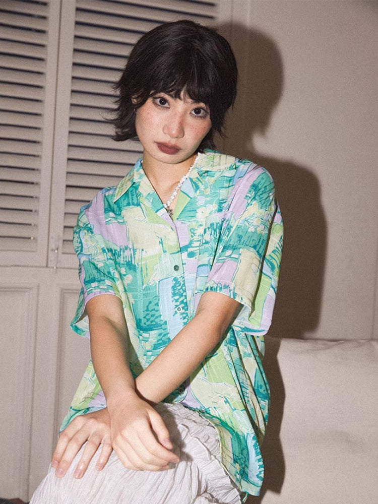 Hand-painted printed short sleeve shirt