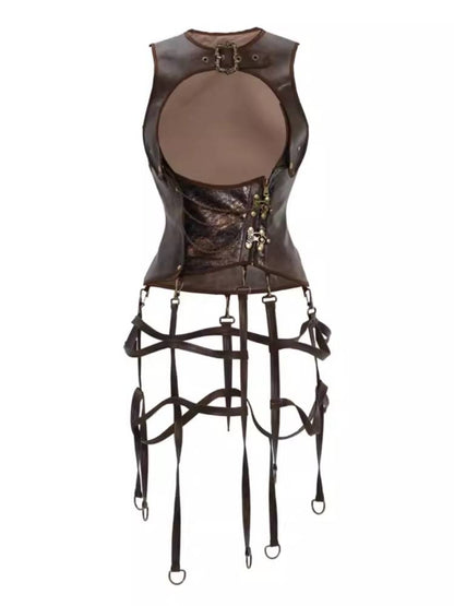 PU distressed retro corset