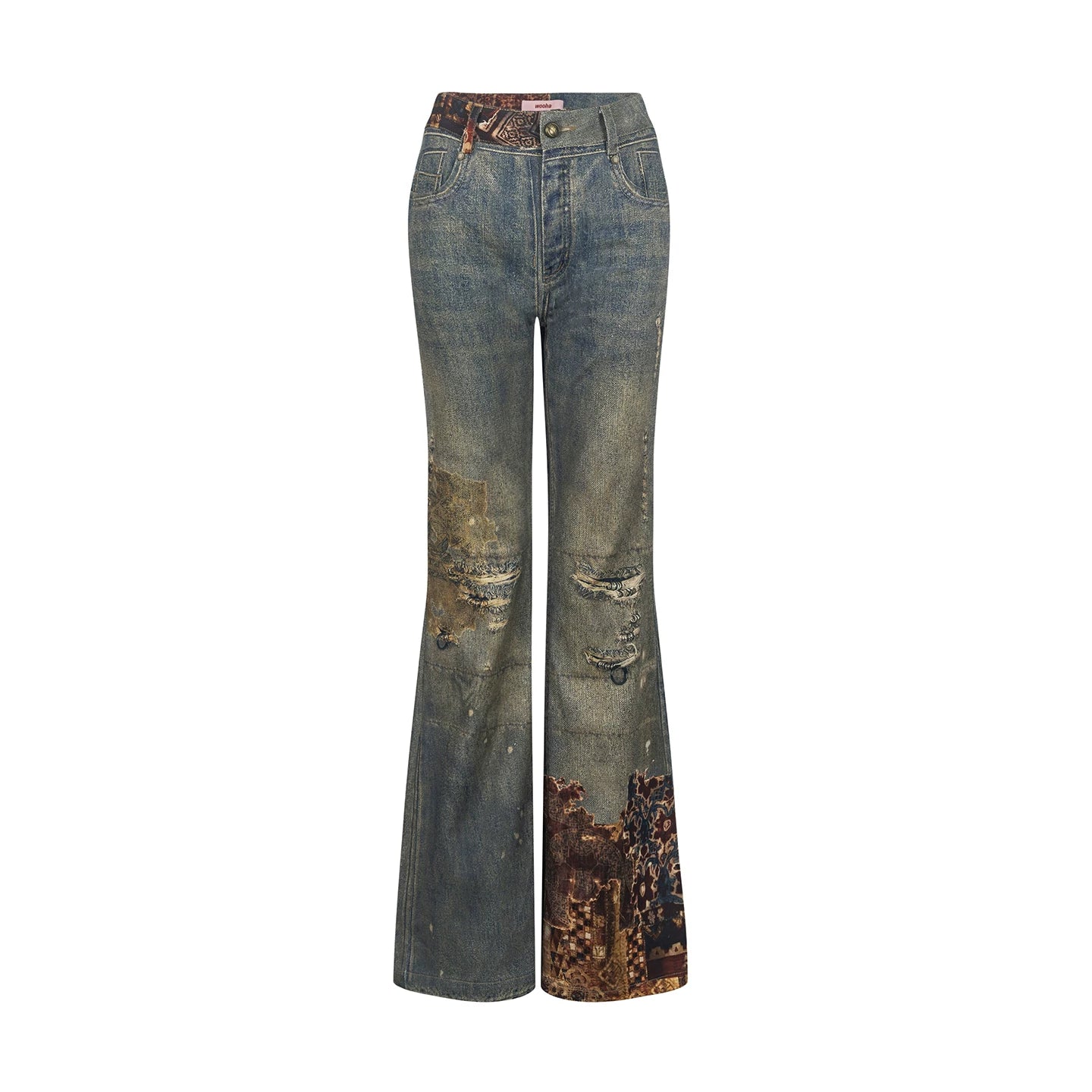Vintage Pattern Flared Denim Pants