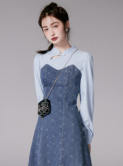 Button Jacquard Denim Dress