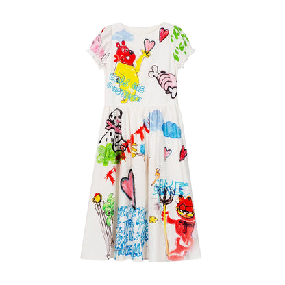 White Graffiti Print Puff Sleeves Dress