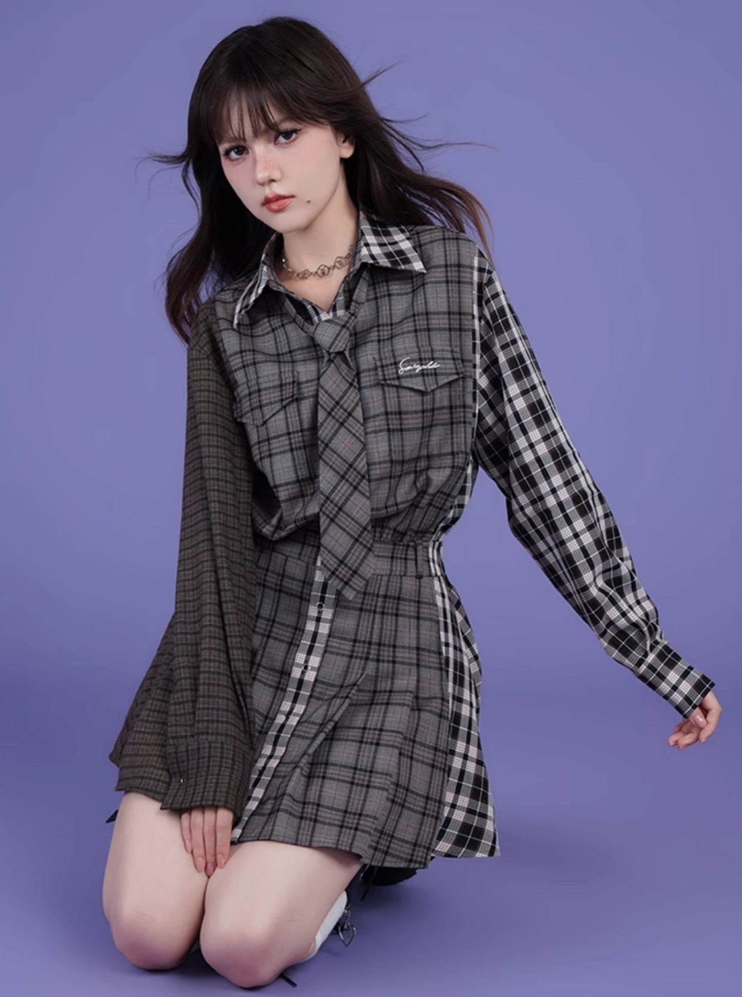 Sweet and patchwork plaid loose shirt dress