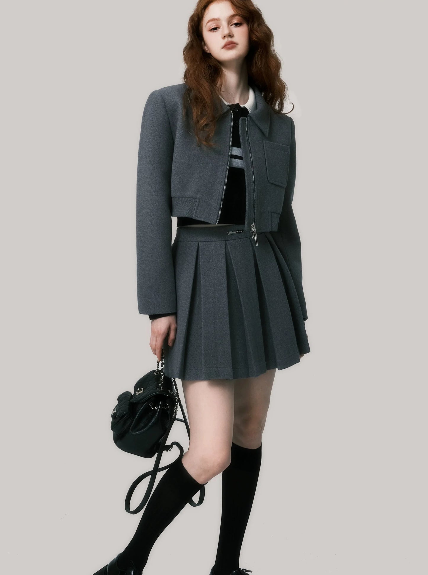 Simple tweed thick jacket short skirt