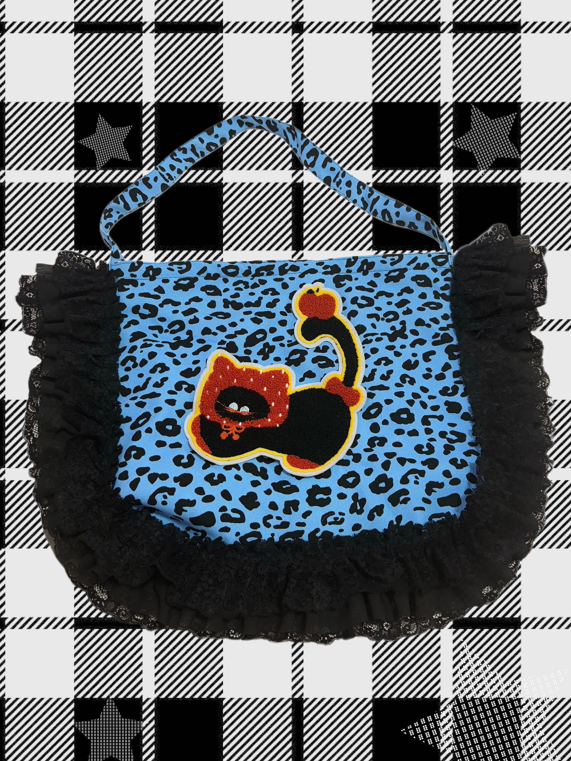 LEERROOA Blueberry Little Black Cat Blue Leopard Print Crossbody Bag Zipper Large Capacity One Shoulder Shopping Bag Canvas Bag