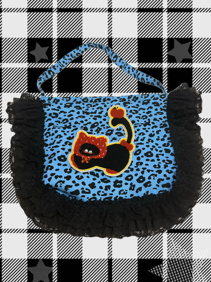 LEERROOA Blueberry Little Black Cat Blue Leopard Print Crossbody Bag Zipper Large Capacity One Shoulder Shopping Bag Canvas Bag
