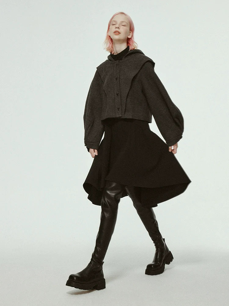 Hooded Cropped Pleated Balloon Sleeve Jacket