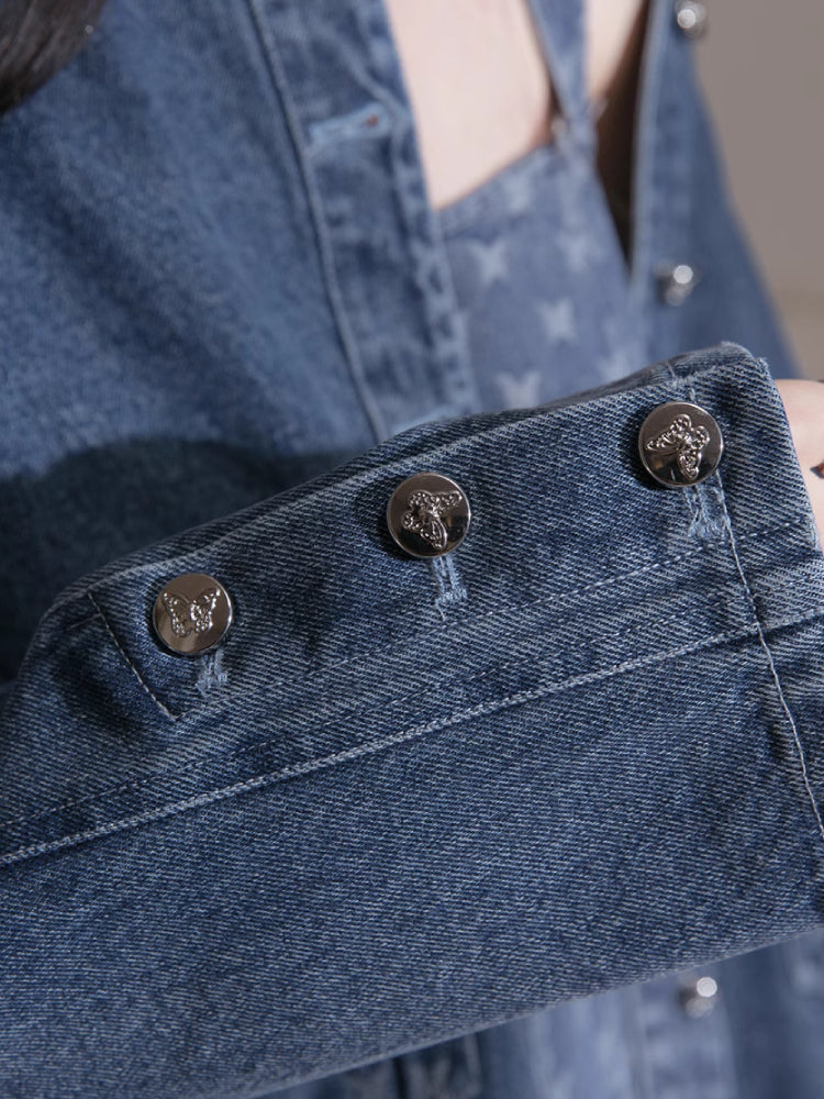 Denim jacket + suspenders skirt