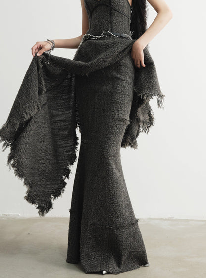 Retro raw edge maxi skirt