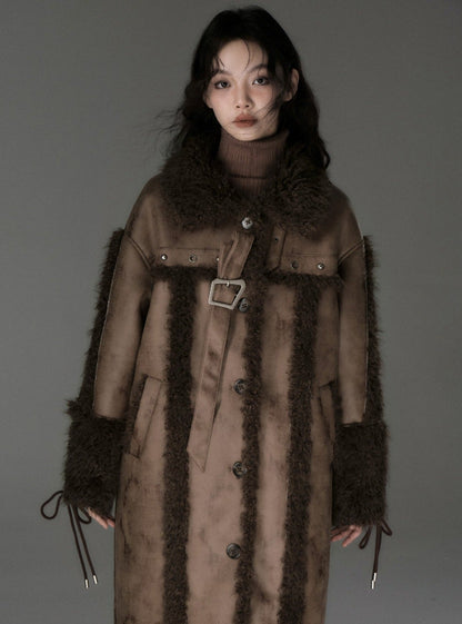 Long lamb fur integrated stitching jacket