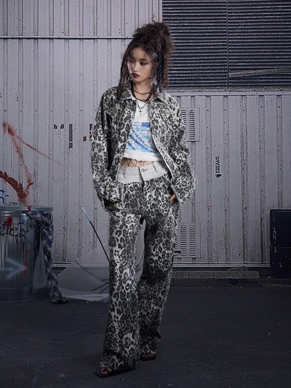 Retro leopard print straight pants