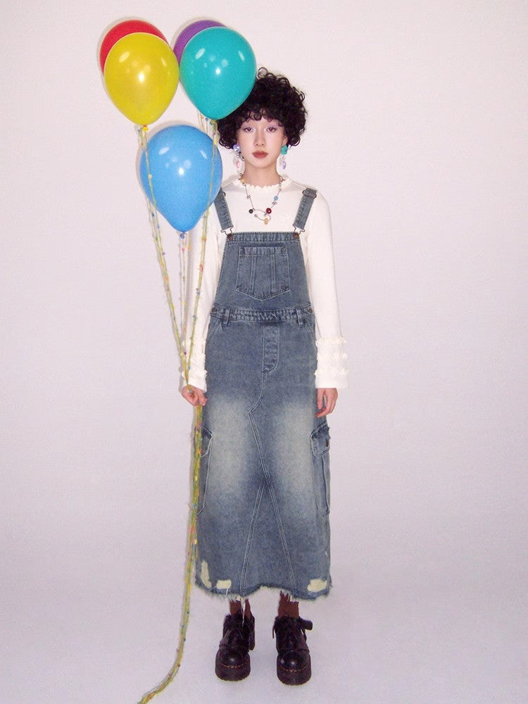 Loose denim suspender skirt