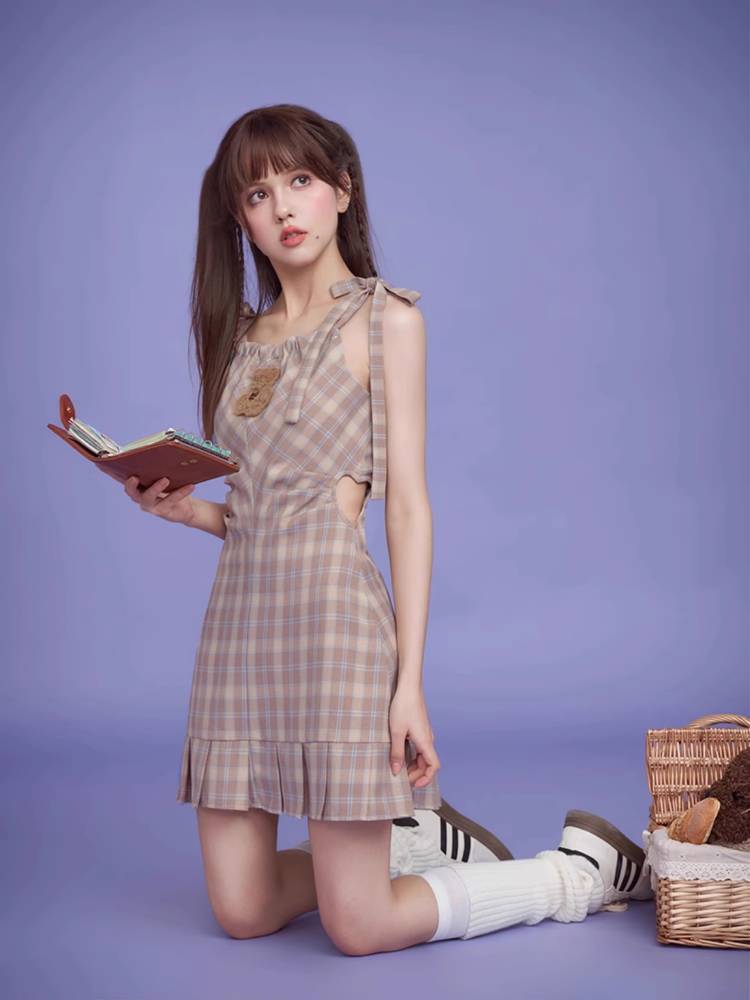 Plaid waist slim dress