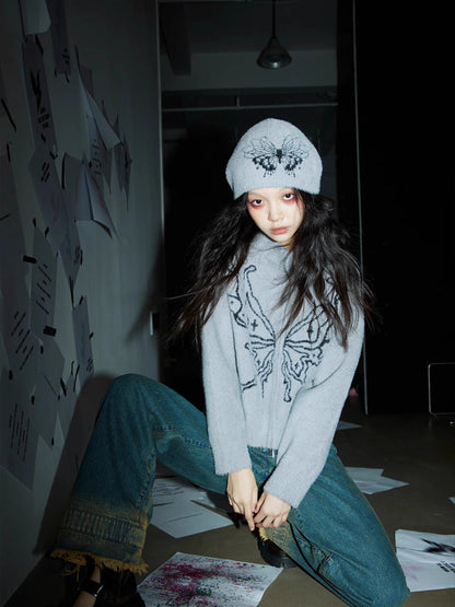 Round neck butterfly sweater + hat