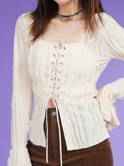 Lace-up bell sleeve texture top