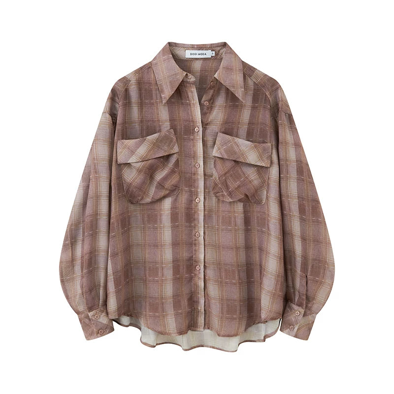Plaid Lantern Sleeve Blouse