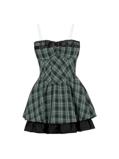 Plaid ribbon tube top dress