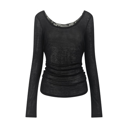 Spliced Long Sleeve Swing Collar T-Shirt