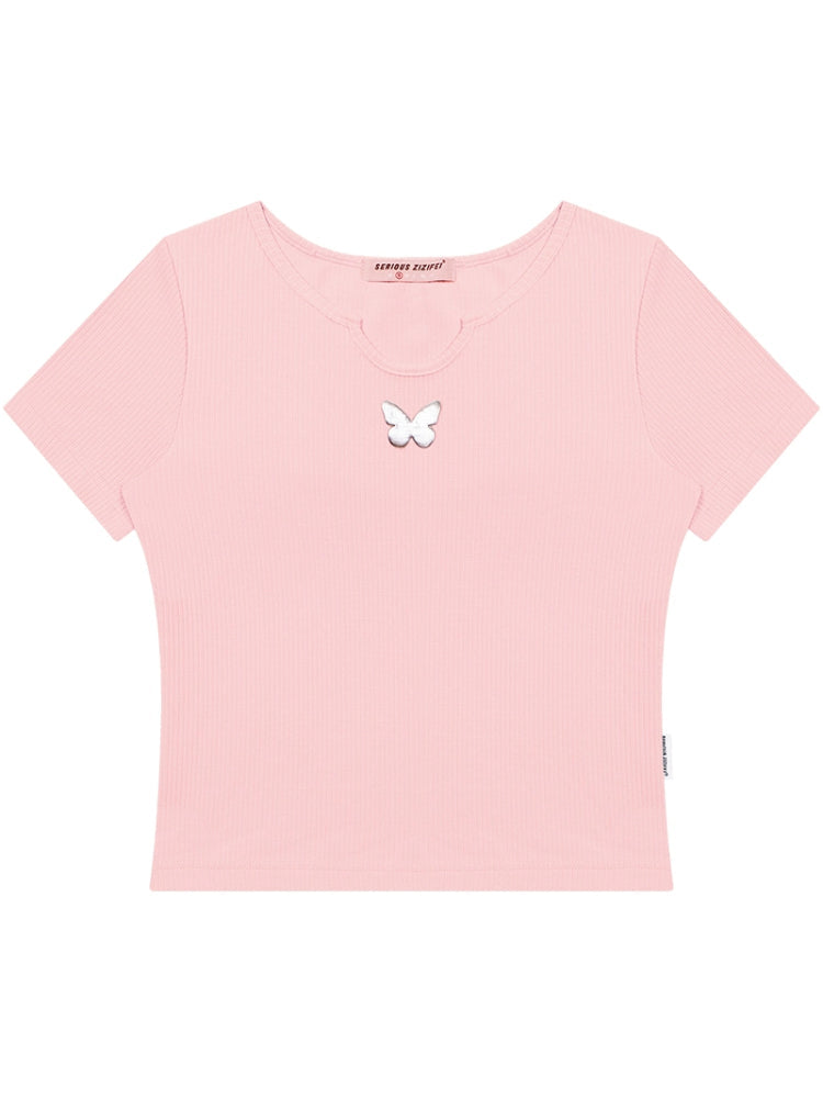 U-neck butterfly short sleeve T-shirt